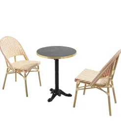 60 cm verstelbare zwartmarmeren terrastafel en 2 rode stoelen