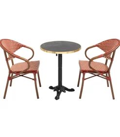 60 cm verstelbare zwartmarmeren terrastafel en 2 rode stoelen