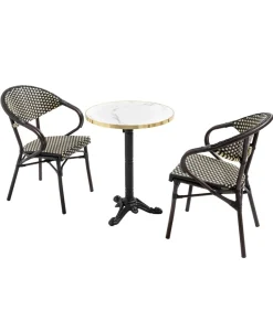 60 cm witte marmeren verstelbare terrastafel en 2 zwarte stoelen