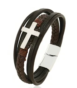 Armband Heren - Bruin Leer met Zilver Kleurig Kruis - 23cm