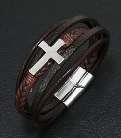 Armband Heren - Bruin Leer met Zilver Kleurig Kruis - 23cm