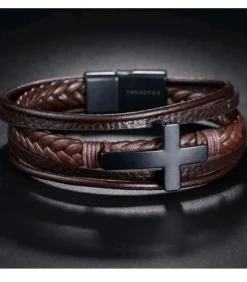 Armband Heren - Bruin Leer met Zwart Kruis - 23cm