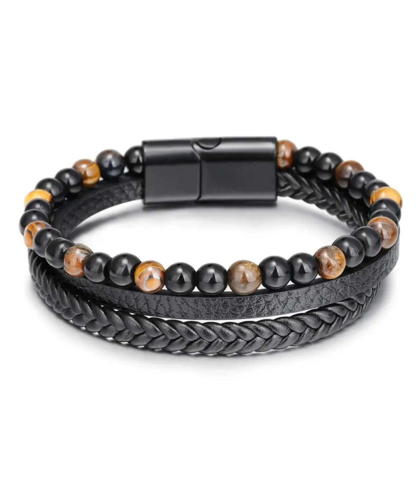 Armband Heren - Zwart Leer Met Bruine Kralen