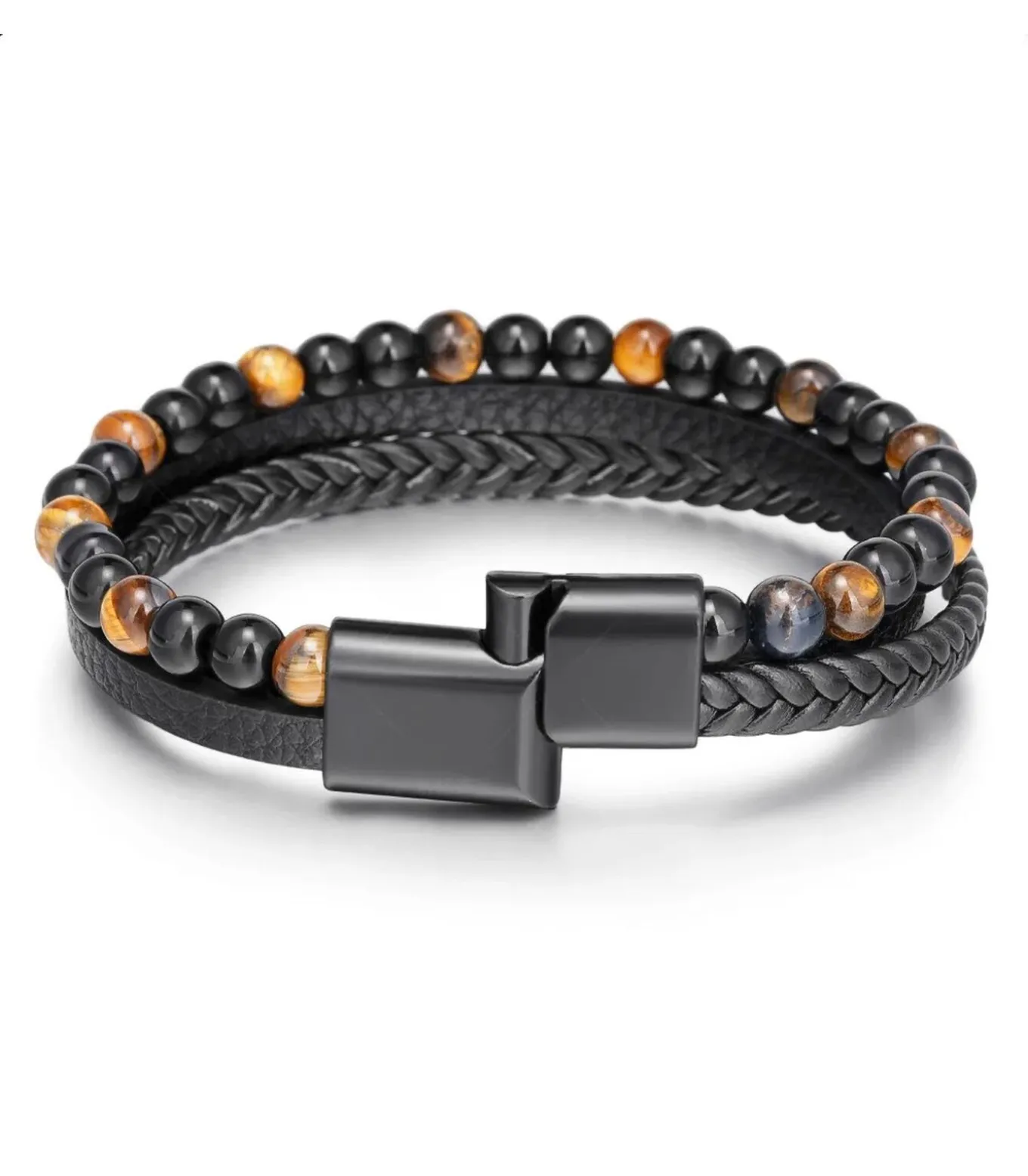 Armband Heren - Zwart Leer Met Bruine Kralen