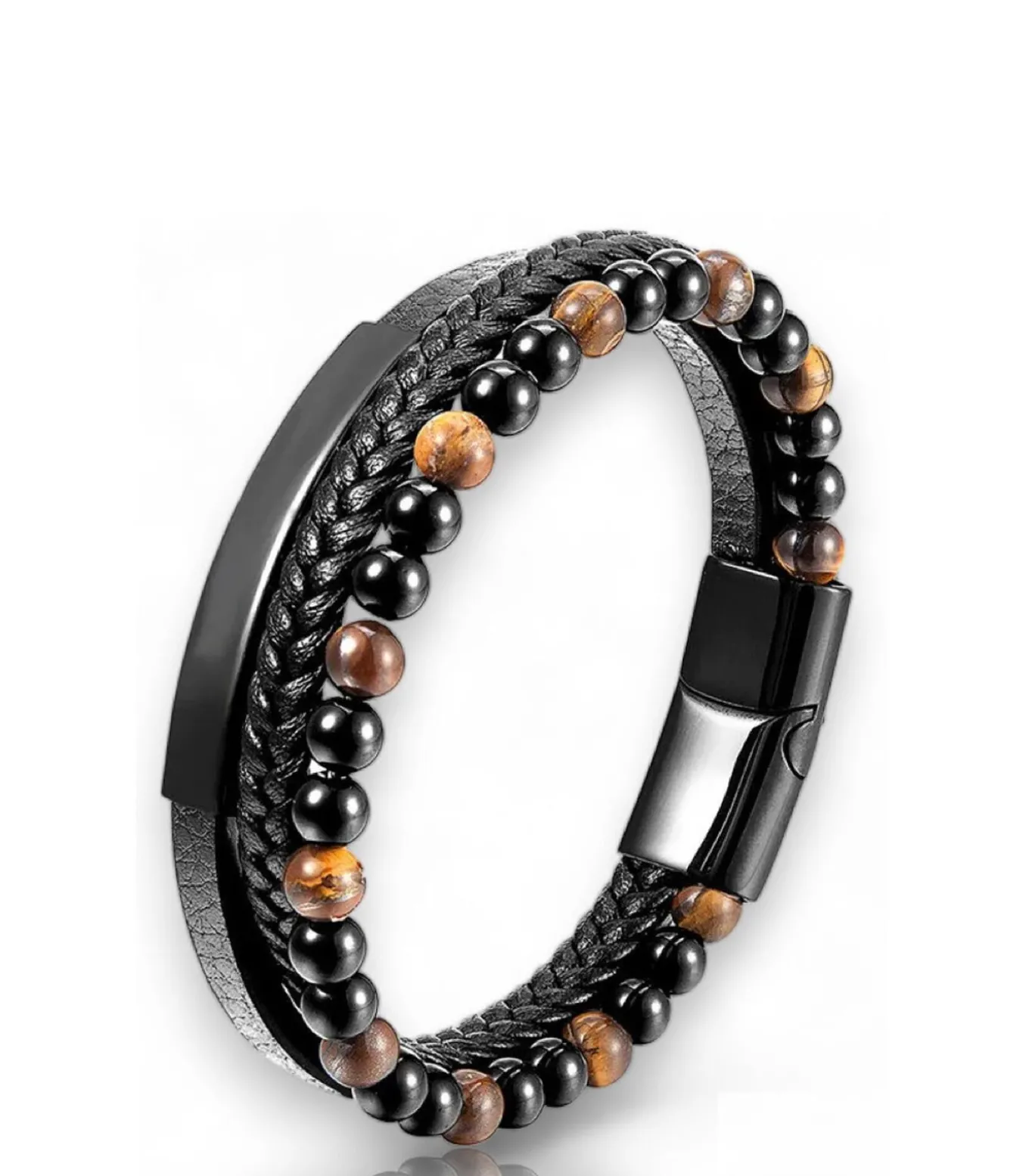 Armband Heren - Zwart Leer Met Bruine Kralen