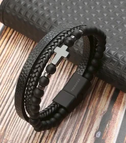 Armband Heren - Zwart Leer met Zwarte Kralen en Zilver Kleurig Kruis