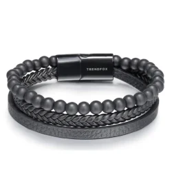 Armband Heren - Zwart Leer Met Zwarte Kralen