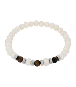 Armband voor mannen, roestvrij staal, tijgeroog, gekweekte zoetwaterparel