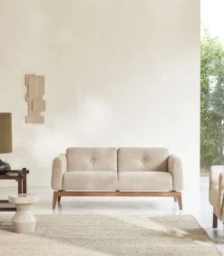 Bank in massief eiken en ecru stof, 2-zit