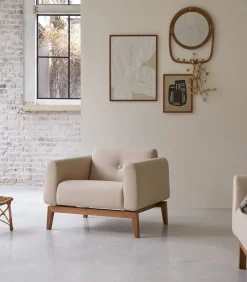 Bjorn - Fauteuil in massief eiken en ecru stof