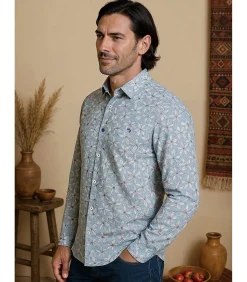 Blauw herenoverhemd met witte bloemen