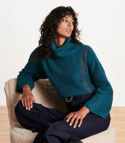 Blauw iriserende gebreide trui, lange mouwen, col