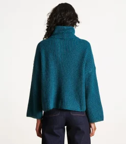 Blauw iriserende gebreide trui, lange mouwen, col