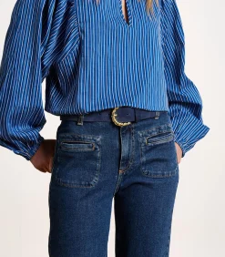 Blauwe leren riem met gedraaide gesp