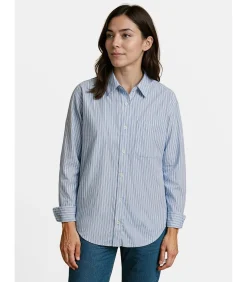 Blauw-wit gevoerde damesblouse