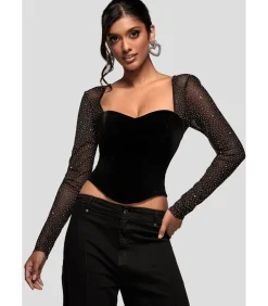 Blouse Met Lange Mouwen “Diamante Long Sleeve Velvet Dipped Hem Top”