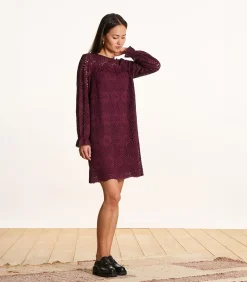 Bordeaux korte jurk van kant met lange mouwen