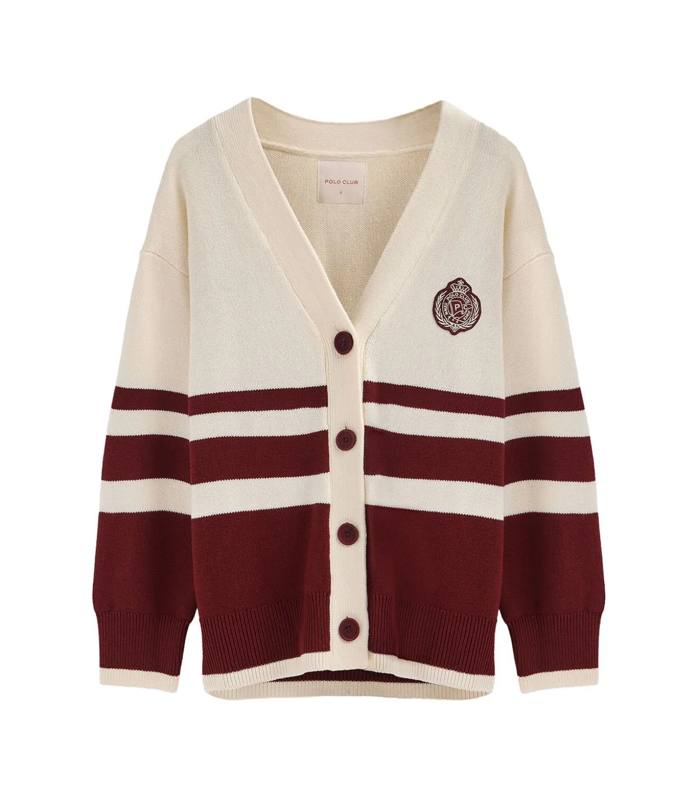Bordeauxrode cardigan met V-hals, knopen en nautische Polo Club-patch