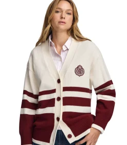 Bordeauxrode cardigan met V-hals, knopen en nautische Polo Club-patch