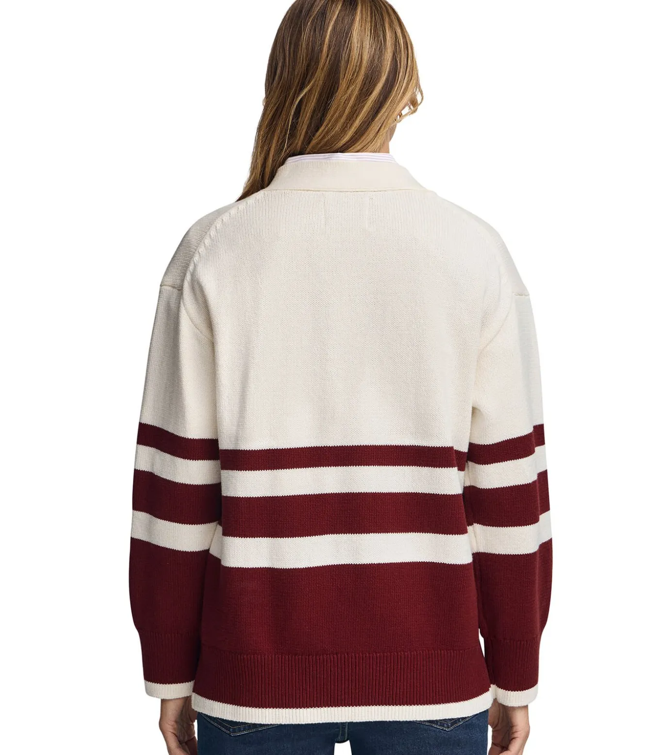 Bordeauxrode cardigan met V-hals, knopen en nautische Polo Club-patch