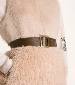 Brede riem van kaki leer met rechthoekige gesp