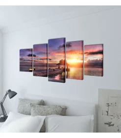 Canvas muurdruk set zandstrand met paviljoen 100 x 50 cm