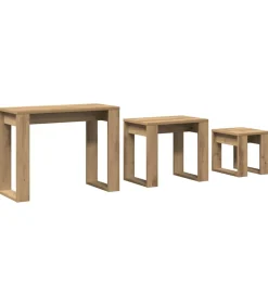3-delige Bijzettafelset bewerkt hout artisanaal eikenkleur