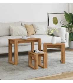 3-delige Bijzettafelset bewerkt hout artisanaal eikenkleur