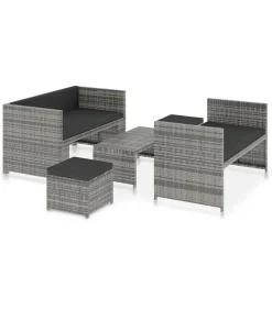 5-delige Loungeset met kussens poly rattan grijs