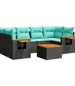 7-delige Loungeset met kussens poly rattan zwart