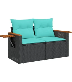 7-delige Loungeset met kussens poly rattan zwart