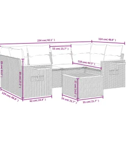 7-delige Loungeset met kussens poly rattan zwart