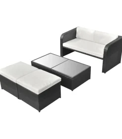 4-delige Loungeset met kussens poly rattan zwart