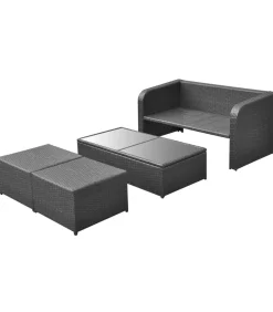 4-delige Loungeset met kussens poly rattan zwart