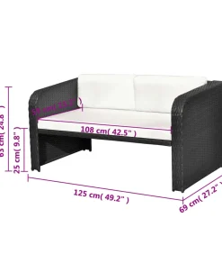 4-delige Loungeset met kussens poly rattan zwart