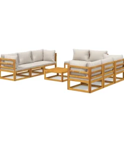 9-delige Loungeset met lichtgrijze kussens massief hout