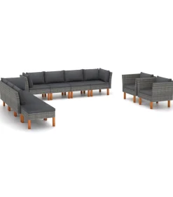 10-delige Loungeset poly rattan en eucalyptushout grijs