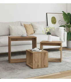 3-delige Tafeltjesset bewerkt hout artisanaal eikenkleur