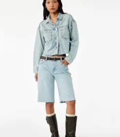 Denim Jas Knoopsluiting Lange Mouwen Met Strass