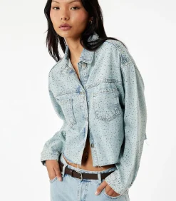 Denim Jas Knoopsluiting Lange Mouwen Met Strass