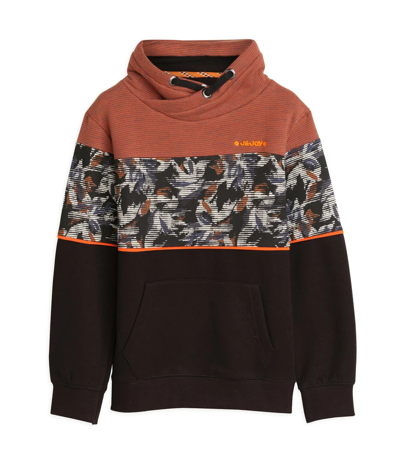 Driekleurige jongenstrui met kangoeroezak en plantenpatroon