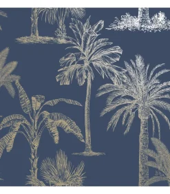 DUTCH WALLCOVERINGS Behang Tropical Trees marineblauw en zilverkleurig