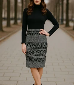 Elastische Gabardine-kokerrok tot onder de knie met luipaardprint