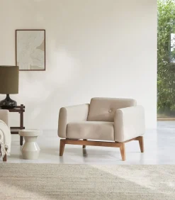 Fauteuil Bjorn in massief eiken en ecru stof, 1-zit