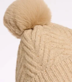 Gebreide muts met pompon Licht beige OS