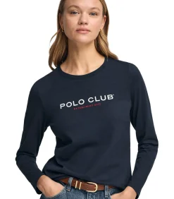 Gebroken wit T-shirt met lange mouwen en geborduurd Polo Club-logo Established 2012