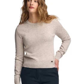 Gemêleerd beige trui van merinowol, met slim fit en ronde hals