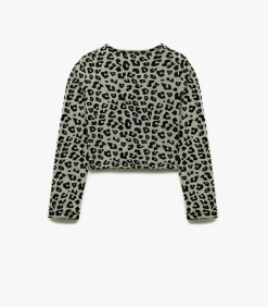 Grijze Crop Blouse Lange Mouwen Luipaardprint