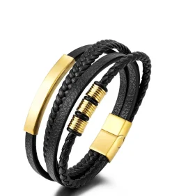 Heren Armband Leder - Zwart met Goud Kleurige Accenten