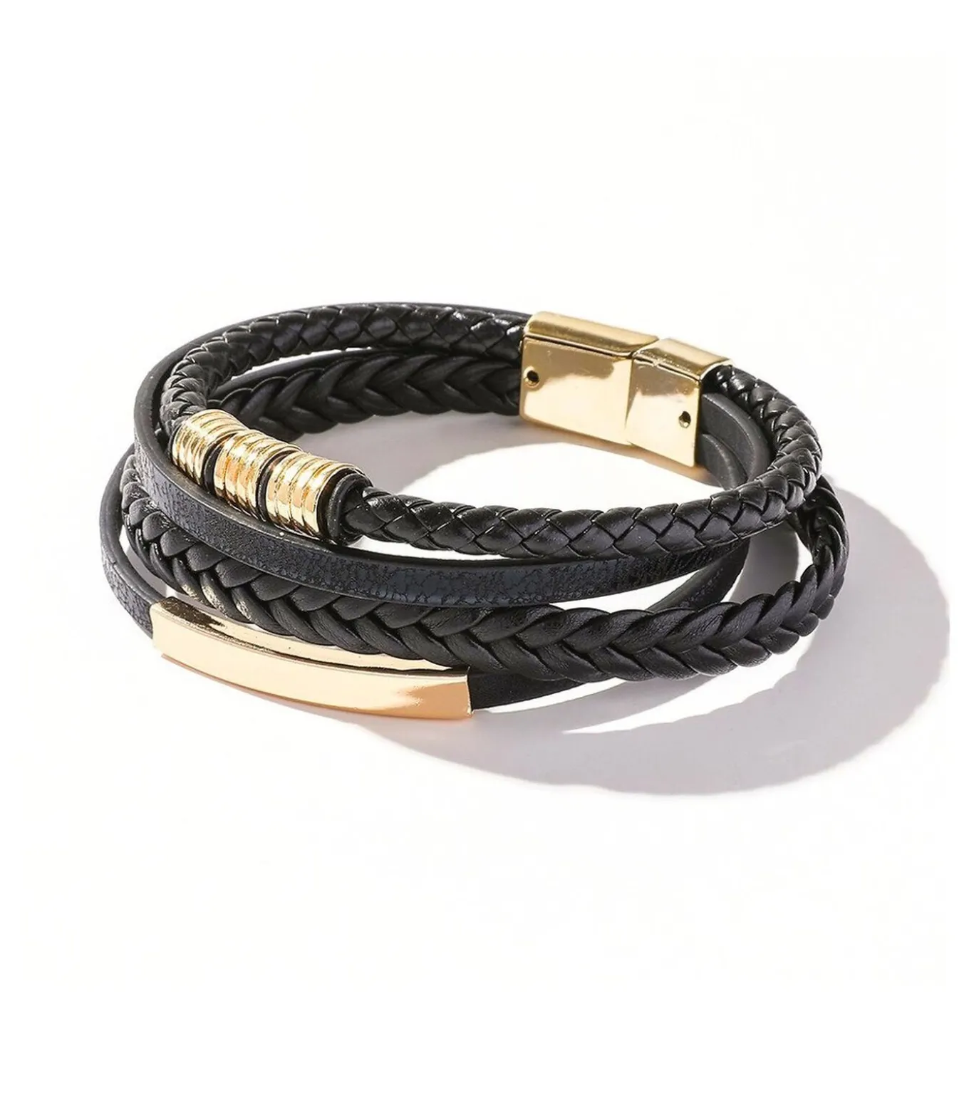 Heren Armband Leder - Zwart met Goud Kleurige Accenten